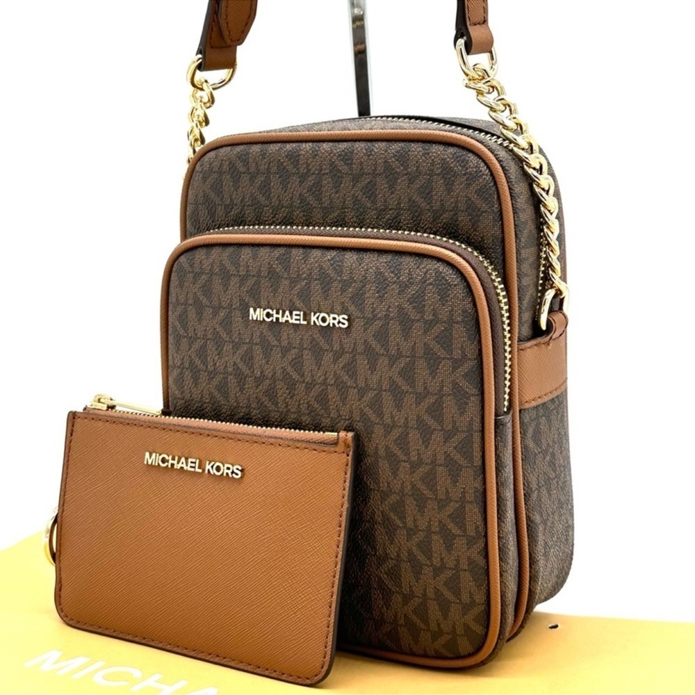 Michael Kors Medium NS Chain Xbody Bag & Small TZ Coinpouch w/ID Brown/Gold